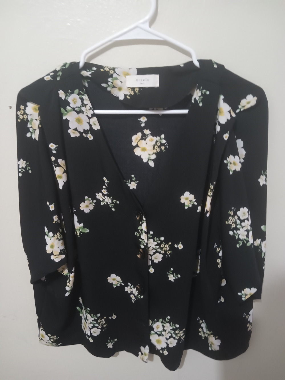 Elodie Black Floral V-Neck Blouse with White & Cream Flowers